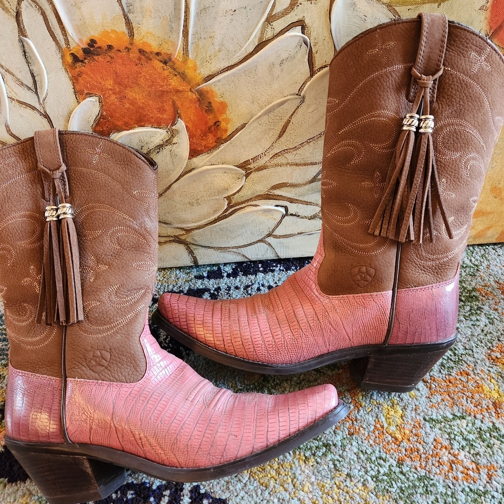 ARIAT Heritage Snip Snub Nose Brown Pink Croc Fringe Tassle Leather Boots 8.5 B - Picture 4 of 16